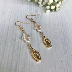 Fresh water pearl cross mother Mary earrings